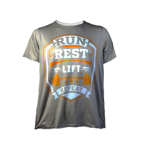 Front view of a gray Run Rest Lift Repeat performance t-shirt