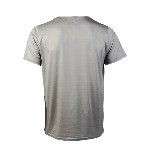 Back view of a gray Run Rest Lift Repeat performance t-shirt