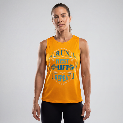 Woman wearing the RunnerMrch Run Rest Lift Repeat orange performance tank top in a studio fitness apparel photo.
