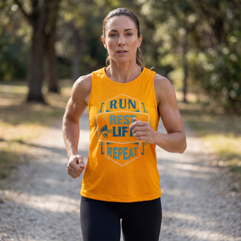 Woman running outdoors wearing the RunnerMrch Run Rest Lift Repeat orange performance tank top.