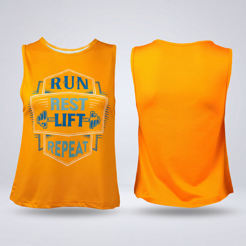 Front and back views of the RunnerMrch Run Rest Lift Repeat orange performance tank top for women.