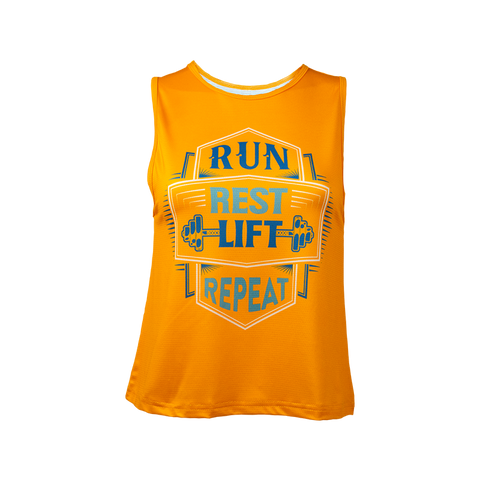 Front view of the RunnerMrch Run Rest Lift Repeat orange performance tank top for women.