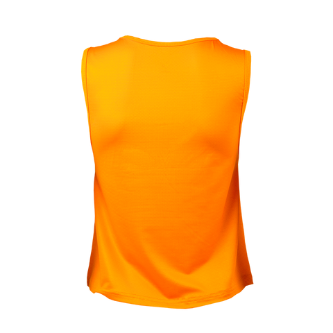 Back view of the RunnerMrch orange performance tank top for women.