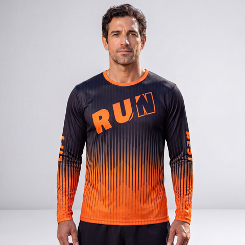 Male wearing a black and orange RUN REST LIFT REPEAT long sleeve running shirt, front view