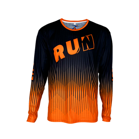 Black and orange RUN REST LIFT REPEAT long sleeve running shirt front product view