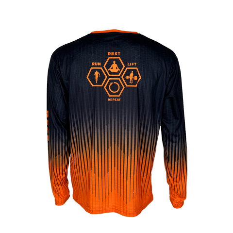 Black and orange RUN REST LIFT REPEAT long sleeve running shirt showing back graphic design