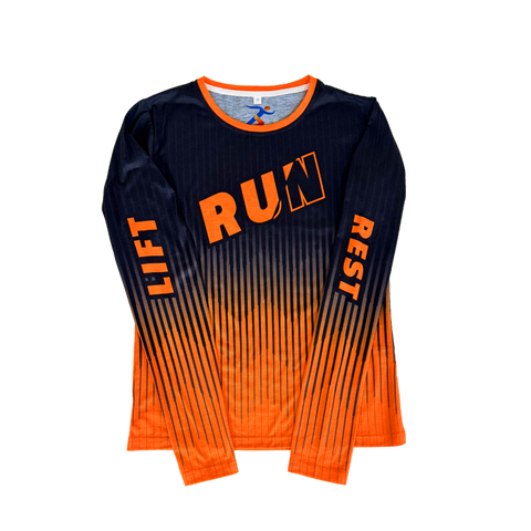 Black and orange RUN REST LIFT REPEAT long sleeve performance shirt front product view