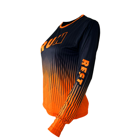 Side view of black and orange RUN REST LIFT REPEAT long sleeve performance shirt