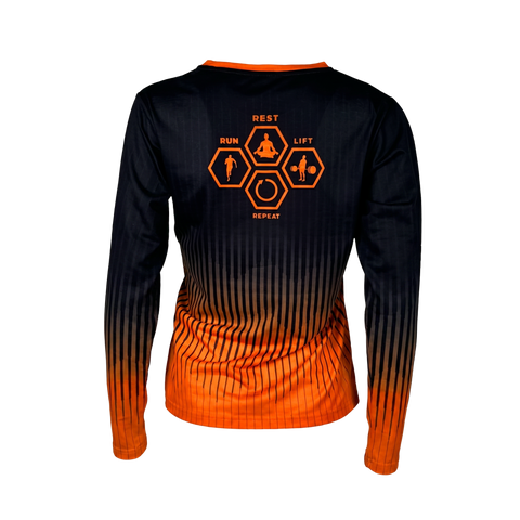 Back view of black and orange RUN REST LIFT REPEAT long sleeve performance shirt with motivational graphic design