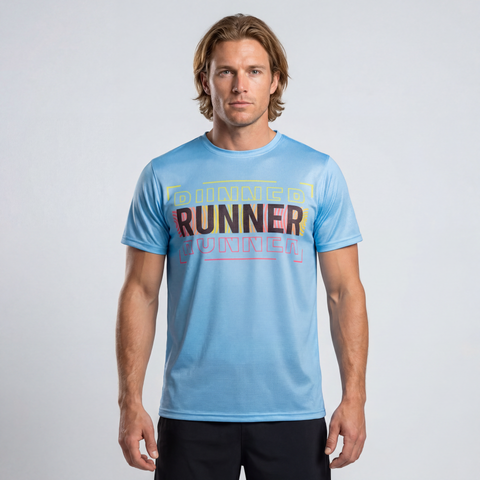 Athletic male model wearing aqua blue RUNNER performance shirt