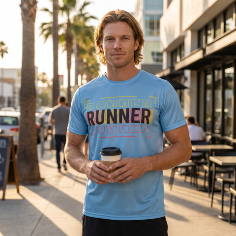 Male runner wearing aqua blue RUNNER athletic shirt in lifestyle setting