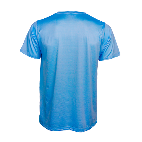 Rear view of aqua blue RUNNER performance running shirt