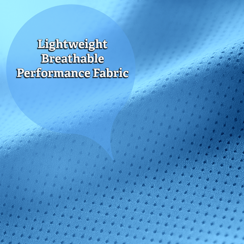 Close-up detail of breathable mesh fabric on aqua blue RUNNER performance shirt