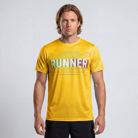 Athletic male model wearing yellow RUNNER performance shirt