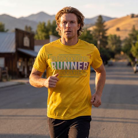 Male runner running in yellow RUNNER performance shirt