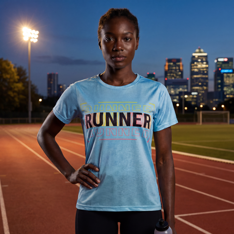 Woman wearing aqua blue RUNNER athletic t-shirt at an outdoor running track with stadium lights and city skyline in the background.