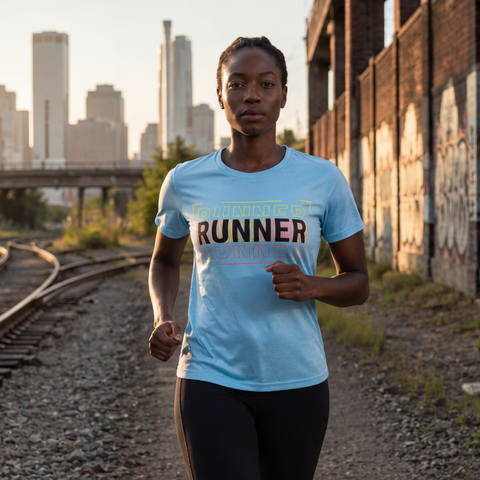 Runner wearing aqua blue RUNNER graphic athletic t-shirt during an outdoor workout.