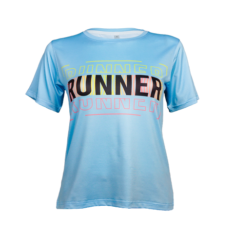 Front view of aqua blue women’s RUNNER graphic athletic performance t-shirt on clean background.
