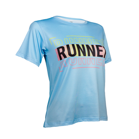 Angled view of aqua blue women’s RUNNER graphic athletic performance t-shirt showing front and side details.