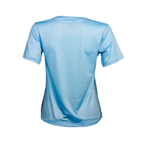 Back view of aqua blue women’s athletic performance t-shirt on clean background.