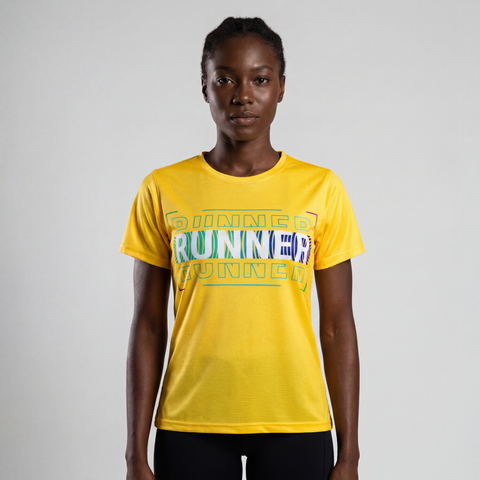 Woman wearing yellow RUNNER graphic performance t-shirt with artwork clearly visible on the front.