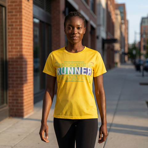 Woman wearing yellow RUNNER athletic t-shirt walking outdoors in a city setting.