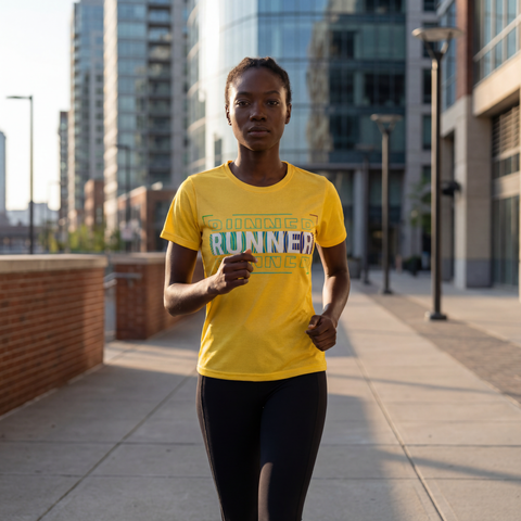 Runner wearing yellow RUNNER graphic athletic t-shirt during an outdoor run.