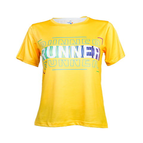 Front view of yellow women’s RUNNER graphic athletic performance t-shirt on clean background.