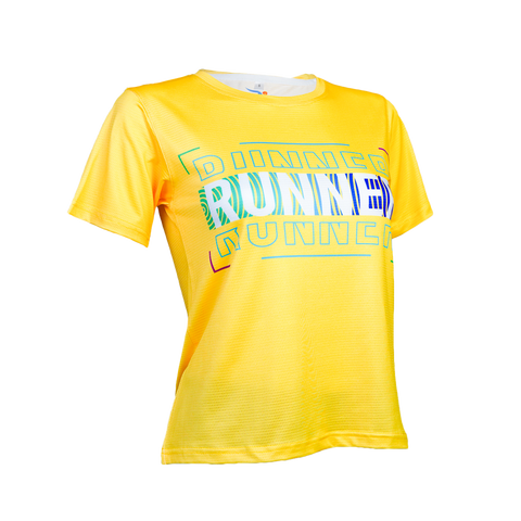 Angled view of yellow women’s RUNNER graphic athletic performance t-shirt showing front and side details.