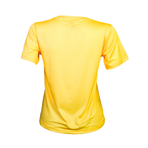Back view of yellow women’s athletic performance t-shirt on clean background.