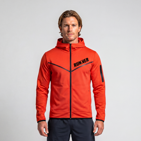A man wearing an orange hooded Runner Jacket with a full-zip front and black accent details, standing against a light gray studio background.