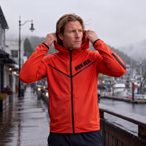A man wearing an orange Runner Jacket outdoors with his hands near the hood, showcasing the jacket's fit and weather-ready design.