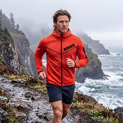 A man running along a rocky coastal path wearing an orange Runner Jacket, demonstrating the jacket during active use.