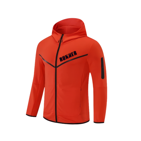 Front view of the orange men's Runner Jacket featuring a full-length zipper, attached hood, black accent stripes across the chest, and a zippered sleeve pocket.