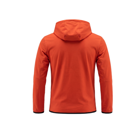 Back view of the orange men's Runner Jacket showing the attached hood, long sleeves, and streamlined athletic fit.