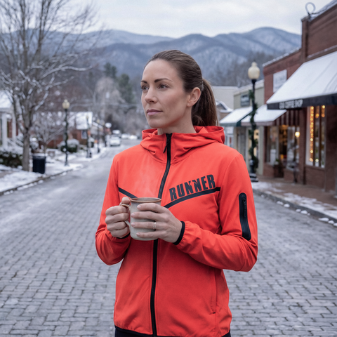A woman wearing an orange Runner Jacket outdoors in a small mountain town drinking a coffee, showcasing the jacket's fit and weather-ready design.