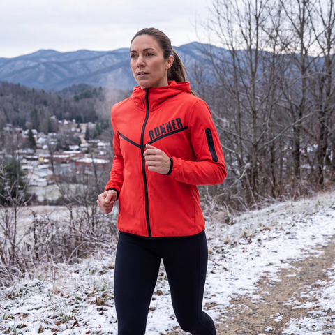 A woman running along a mountain path wearing an orange Runner Jacket, demonstrating the jacket during active use.