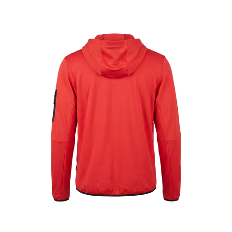 Back view of the orange women's Runner Jacket showing the attached hood, long sleeves, and streamlined athletic fit.
