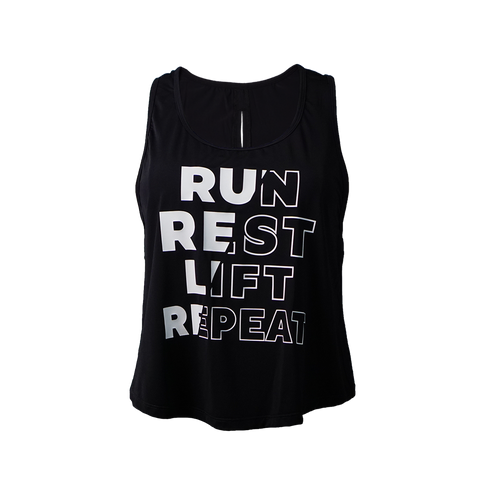 Woman's Running Crop Tank Top - Run Rest Lift Repeat black front