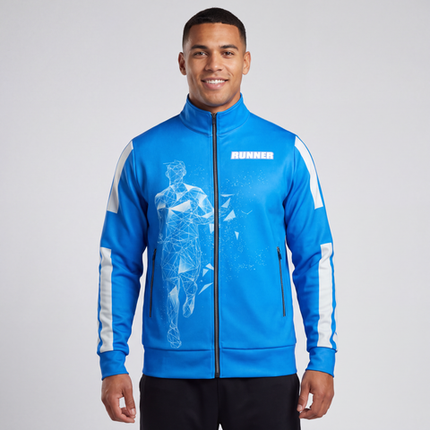 Male athlete standing confidently facing the camera on a track, wearing a bright blue Men's Runner Track Jacket with white accents and reflective details. The full jacket is clearly visible.
