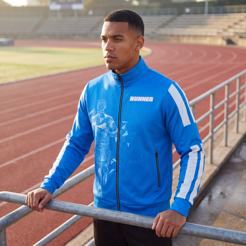 Male athlete leaning on a track railing before a workout, wearing the bright blue Men's Runner Track Jacket. Collegiate track and stadium visible in the background.
