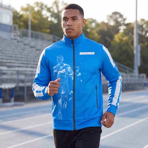 Male athlete running during a track workout while wearing the bright blue Men's Runner Track Jacket. Front of the jacket remains visible as he moves.