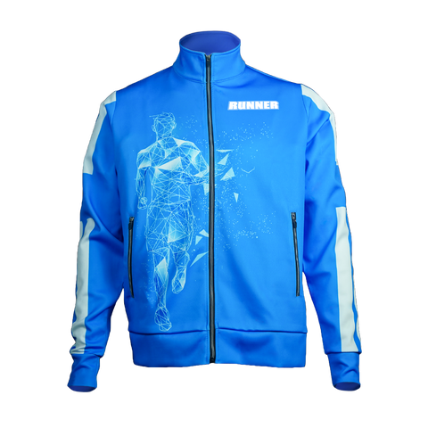 Front view of the Men's Runner Track Jacket in bright blue, showing the full zipper, collar, pockets, sleeve details, and Runner logo.
