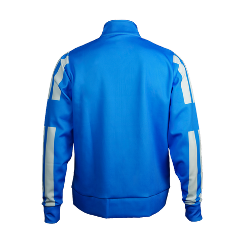 Back view of the Men's Runner Track Jacket in bright blue, displaying the rear panel design, collar, and sleeve details.
