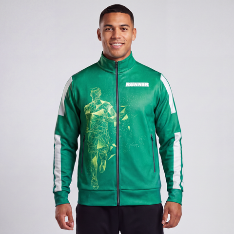 Male athlete standing confidently facing the camera on a track, wearing a green Men's Runner Track Jacket with white accents and reflective details. The full jacket is clearly visible.