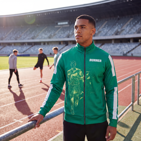 Male athlete standing beside a collegiate track railing before a workout, wearing the green Men's Runner Track Jacket. Stadium seating and track visible in the background.
