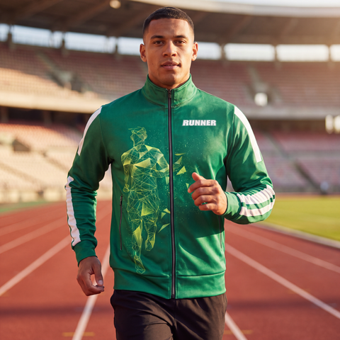 Male athlete running on a collegiate track while wearing the green Men's Runner Track Jacket. The jacket's front graphics and athletic fit are visible during motion.