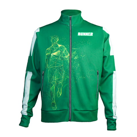 Front view of the Men's Runner Track Jacket in green, showing the full zipper, collar, pockets, sleeve details, and Runner logo.