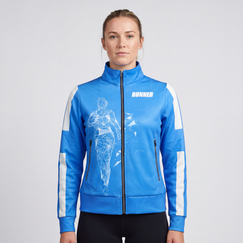 Women's Running Track Jacket in blue, front hero view worn by female athlete