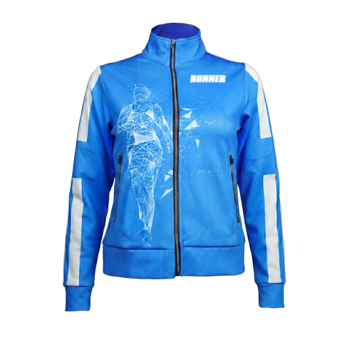 Women's Running Track Jacket in blue, front product view showing geometric runner graphic